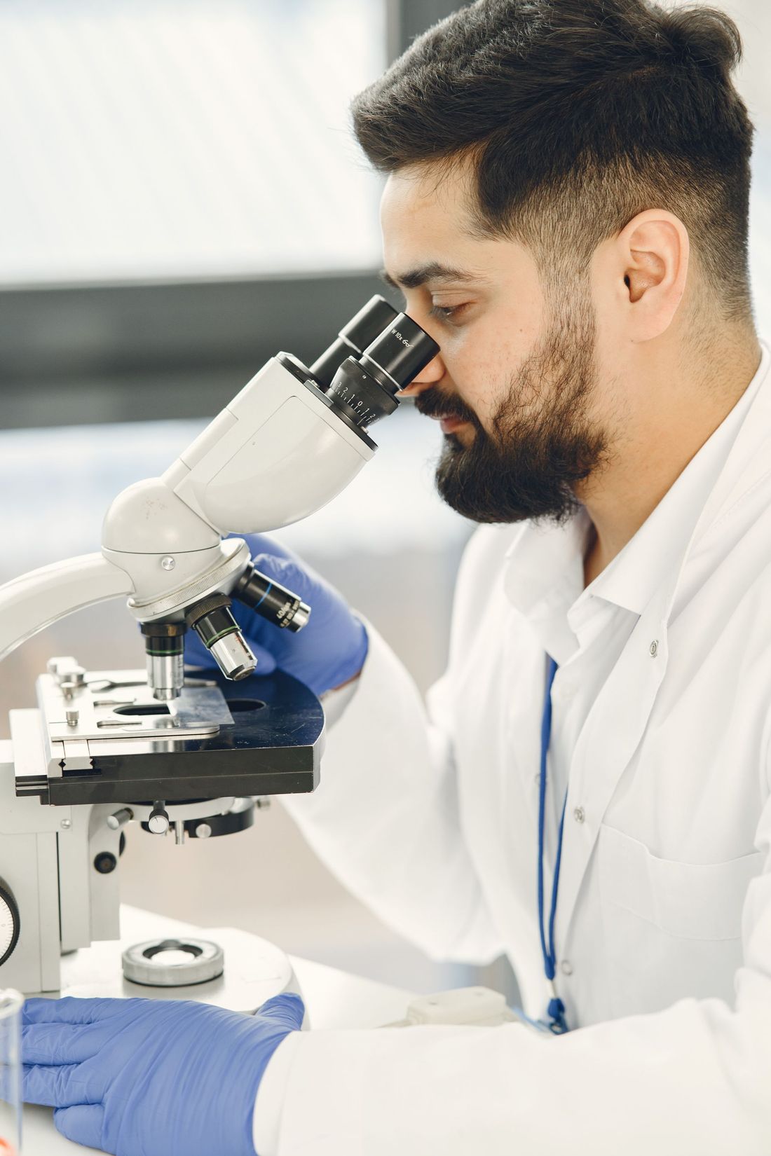 Bearded scientist in blue gloves looking into a microscope at a clean bench under window light